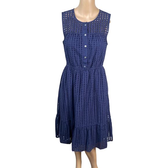 J.Crew Navy Blue Henley Embroidered Eyelet Midi Tea Dress SZ 6 - Picture 3 of 10